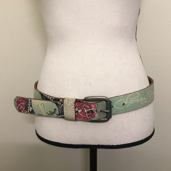 Ed Hardy Accessories - ED HARDY Geisha print with rhinestone detail belt